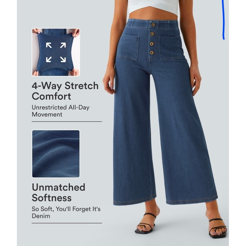 Womens High Waisted Wide Leg Jeans Button Fly 4-Way Stretch Patch Pocket Denim L